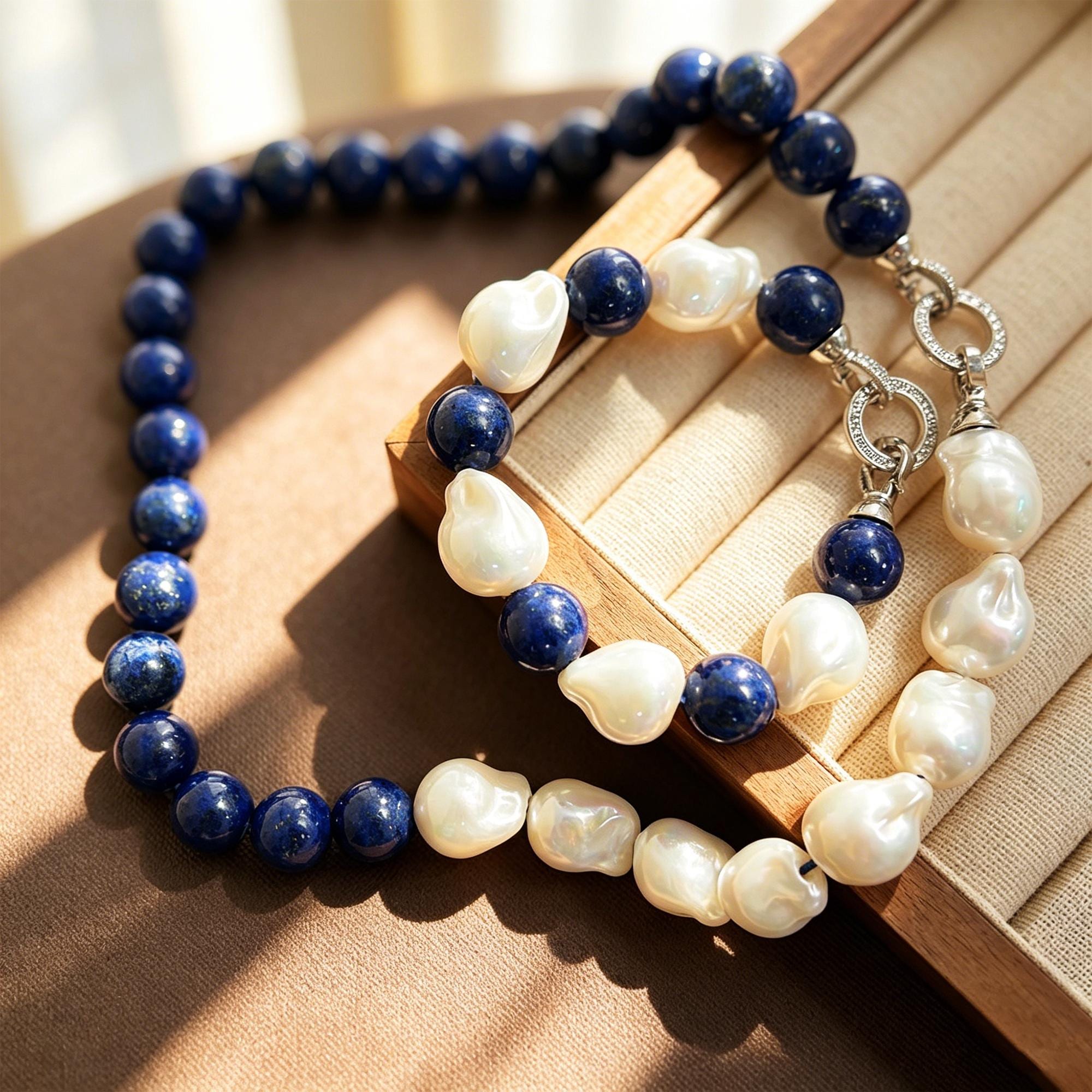 Natural Lapis Lazuli Baroque Pearl Necklace Bracelet Set- Genuine Blue Gemstone Choker-Mothers Day Gifts
