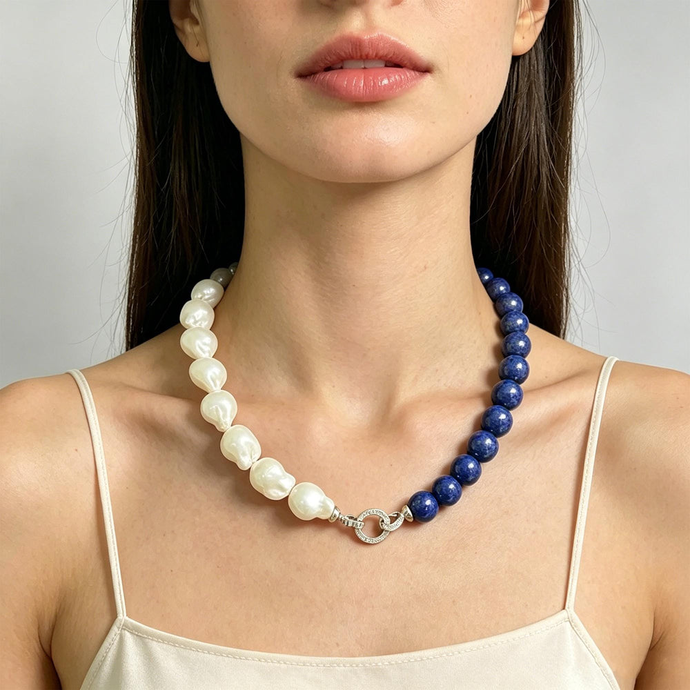 Natural Lapis Lazuli Baroque Pearl Necklace Bracelet Set- Genuine Blue Gemstone Choker-Mothers Day Gifts