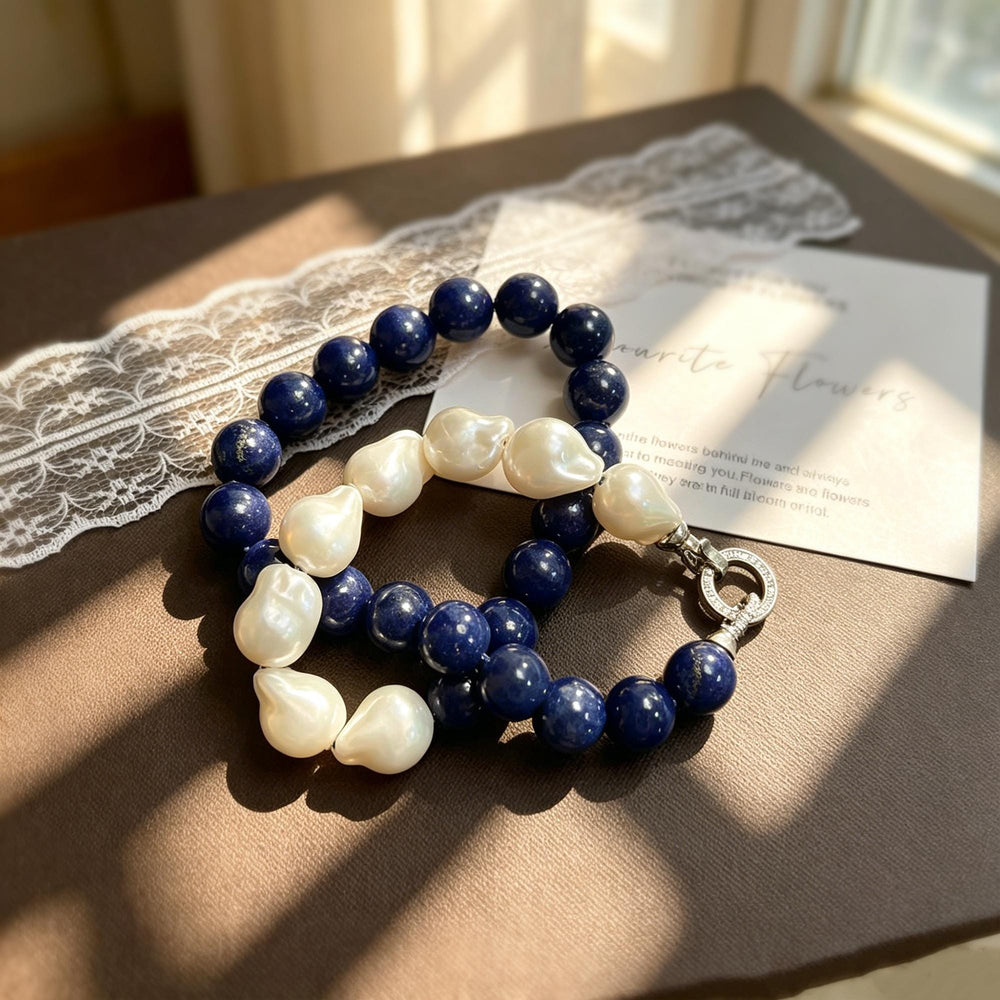 Natural Lapis Lazuli Baroque Pearl Necklace Bracelet Set- Genuine Blue Gemstone Choker-Mothers Day Gifts