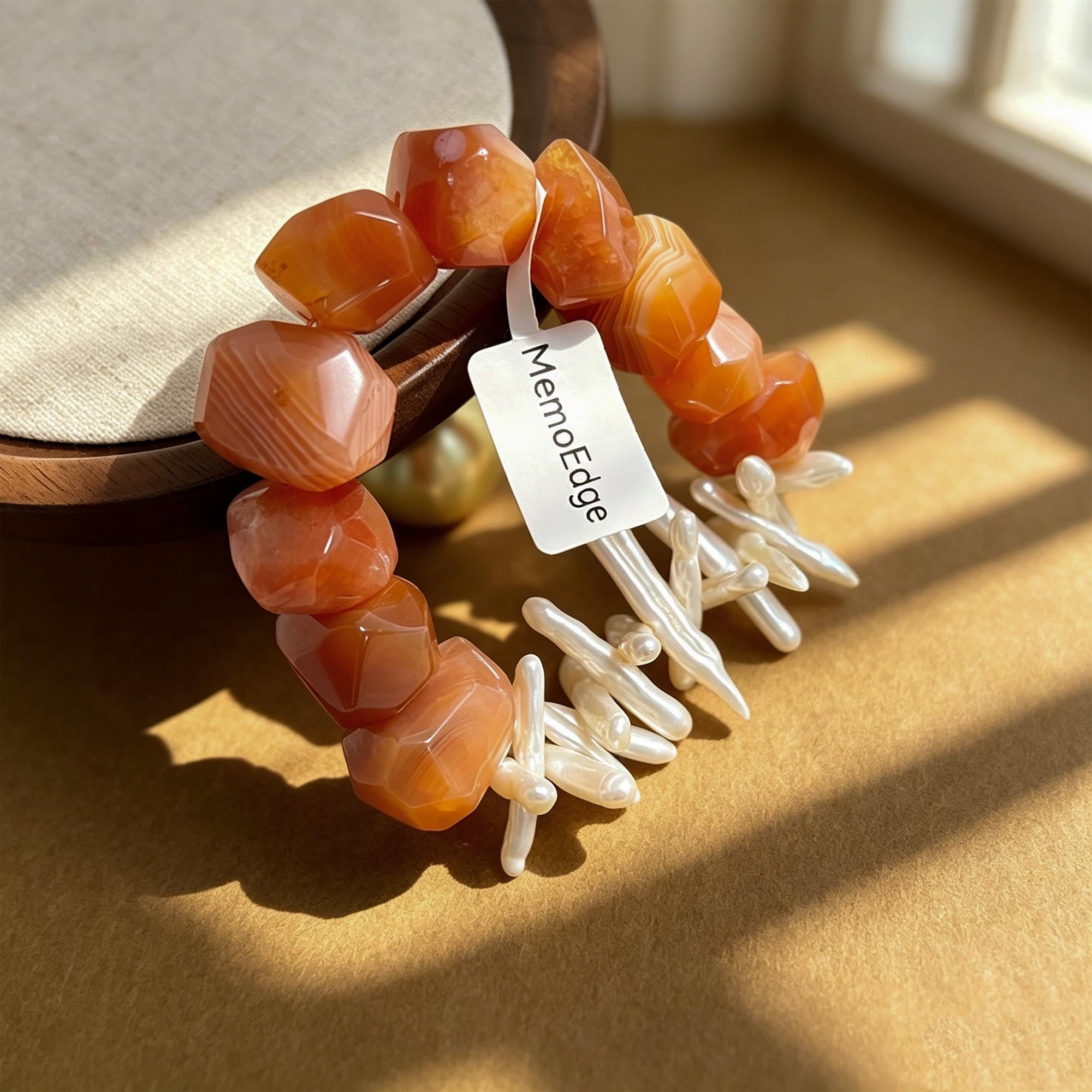 Natural Carnelian Pearl Beaded Bracelet-Asymmetric Biwa Pearl Jewelry- Unique &Vibrant Gift