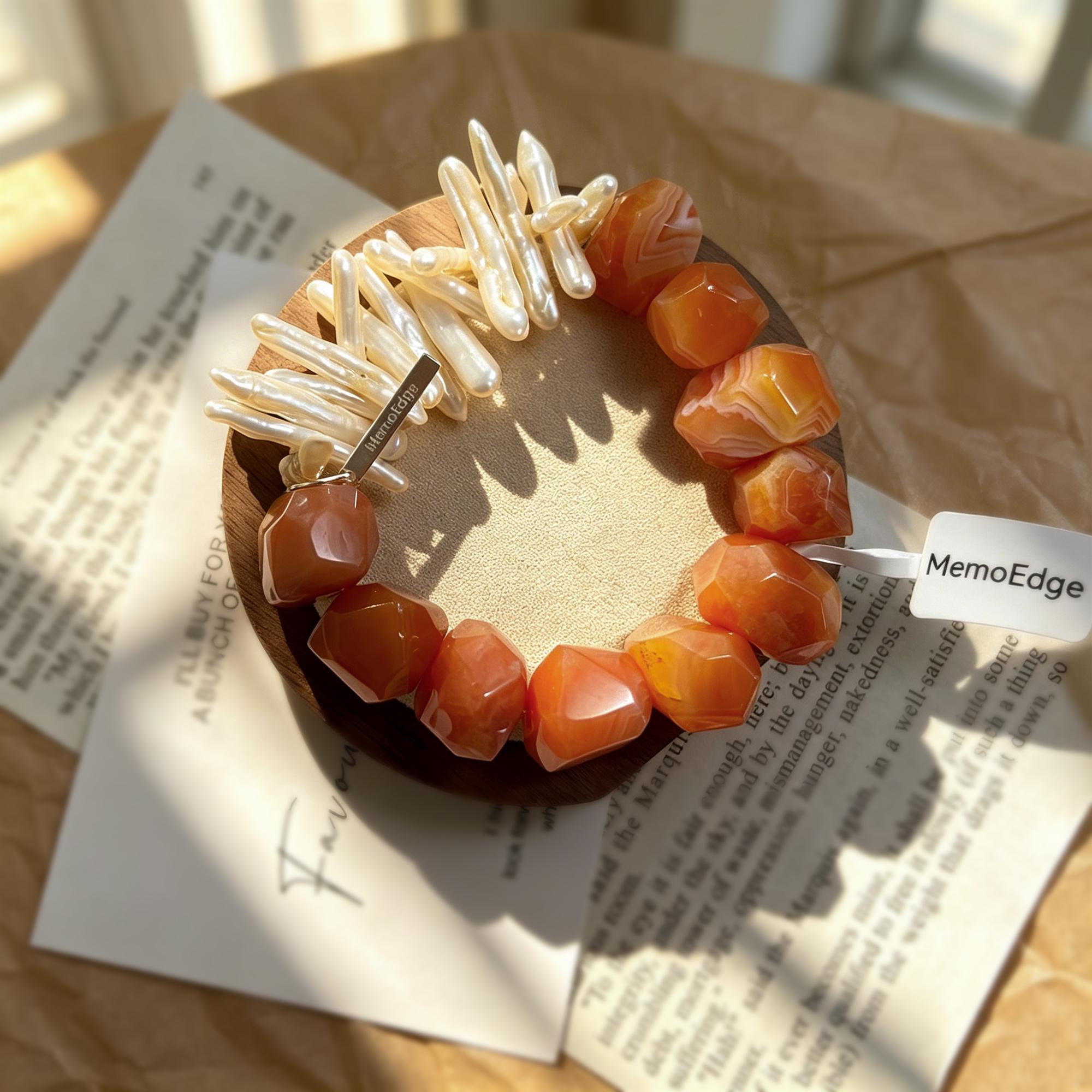 Natural Carnelian Pearl Beaded Bracelet-Asymmetric Biwa Pearl Jewelry- Unique &Vibrant Gift