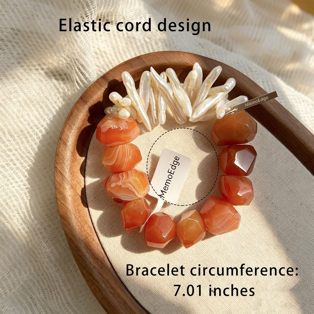 Natural Carnelian Pearl Beaded Bracelet-Asymmetric Biwa Pearl Jewelry- Unique &Vibrant Gift