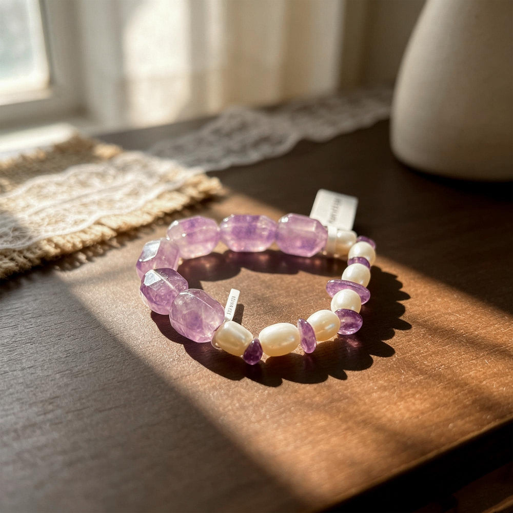 Purple Crystal Pearl Bracelet, Amethyst Tone Beaded Bracelet, Freshwater Pearl Natural Stone Jewelry, Elegant Gift for Her
