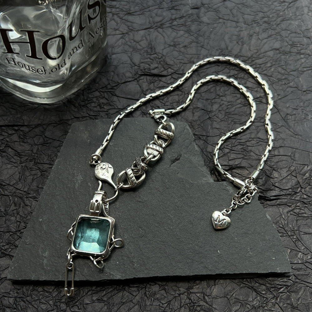 Cyberpunk Grunge Choker Necklace-Y2K Alt Necklace-Asymmetrical Chain Necklace-Square CubicZirconia Pendant