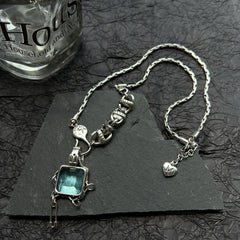 Cyberpunk Grunge Choker Necklace-Y2K Alt Necklace-Asymmetrical Chain Necklace-Square CubicZirconia Pendant
