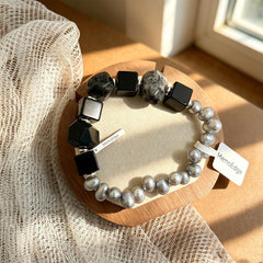 Grey Pearl & Black Gemstone Bracelet, Tourmalinated Quartz Beaded Bracelet, Natural Stone Statement Jewelry, Modern Gift for Her