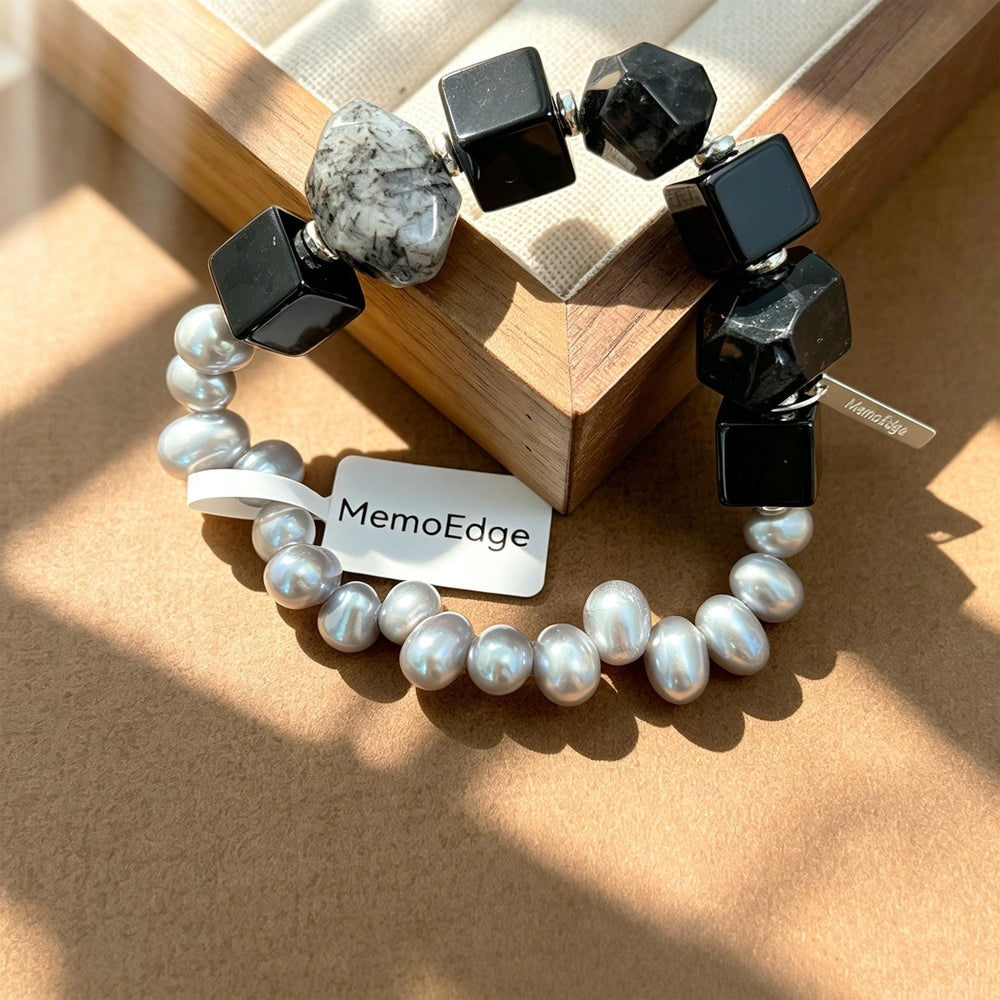 Grey Pearl & Black Gemstone Bracelet, Tourmalinated Quartz Beaded Bracelet, Natural Stone Statement Jewelry, Modern Gift for Her
