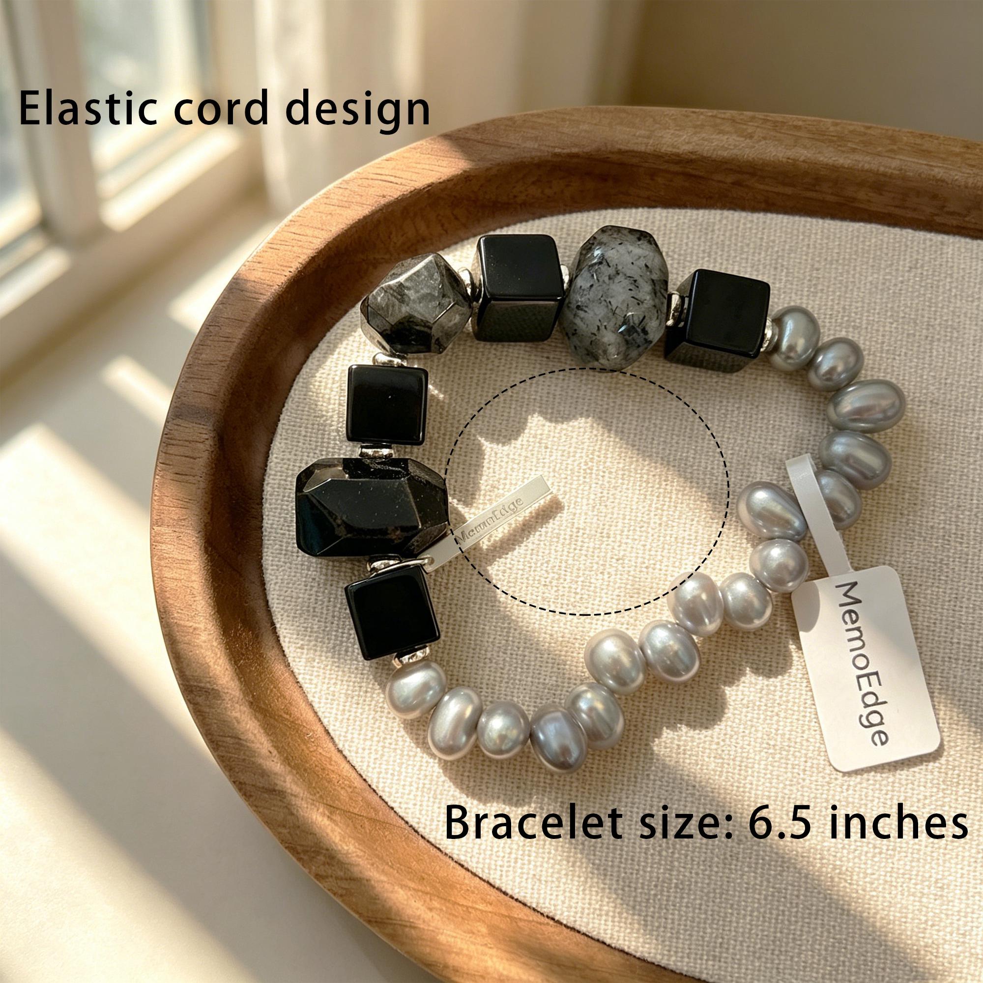 Grey Pearl & Black Gemstone Bracelet, Tourmalinated Quartz Beaded Bracelet, Natural Stone Statement Jewelry, Modern Gift for Her