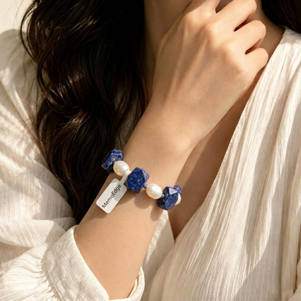 Blue Gemstone Pearl Bracelet, Lapis Tone Beaded Bracelet, Freshwater Pearl Natural Stone Jewelry, Modern Gift for Her