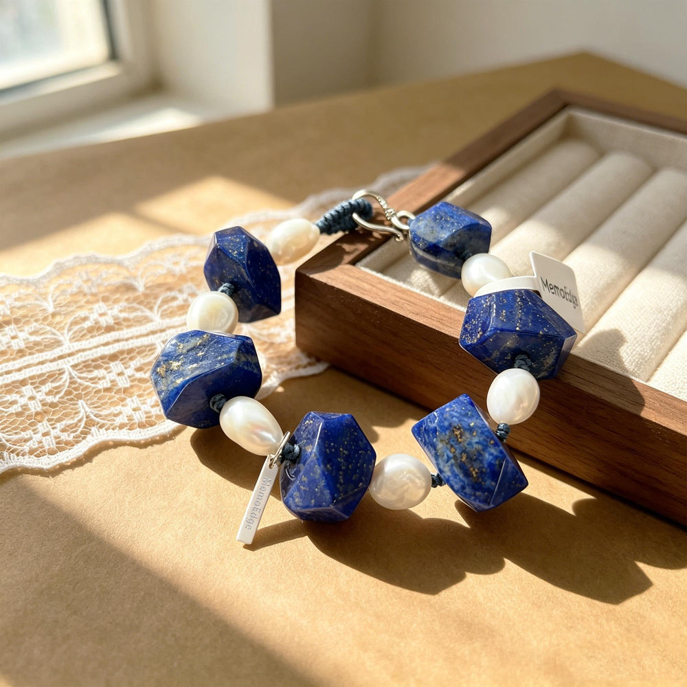 Blue Gemstone Pearl Bracelet, Lapis Tone Beaded Bracelet, Freshwater Pearl Natural Stone Jewelry, Modern Gift for Her