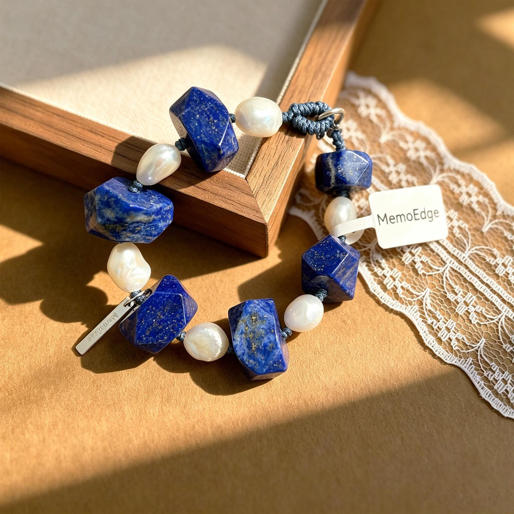 Blue Gemstone Pearl Bracelet, Lapis Tone Beaded Bracelet, Freshwater Pearl Natural Stone Jewelry, Modern Gift for Her
