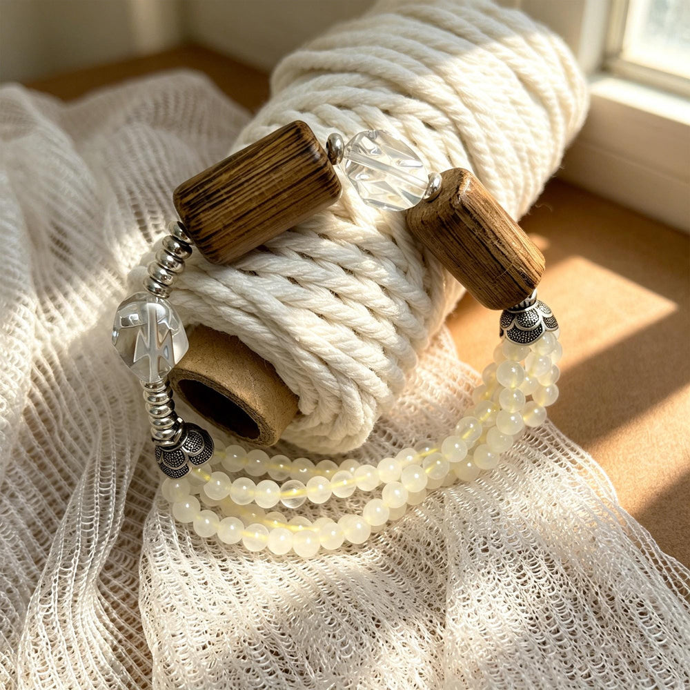 Triple Strand Earthy Wood Bracelet-Faceted Clear Geometric Beads-Zen Mindfulness Jewelry-Layered Cream Beaded Stretch Cuff Gift