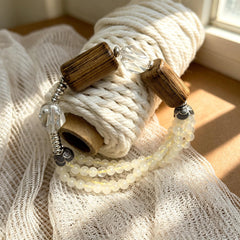 Triple Strand Earthy Wood Bracelet-Faceted Clear Geometric Beads-Zen Mindfulness Jewelry-Layered Cream Beaded Stretch Cuff Gift
