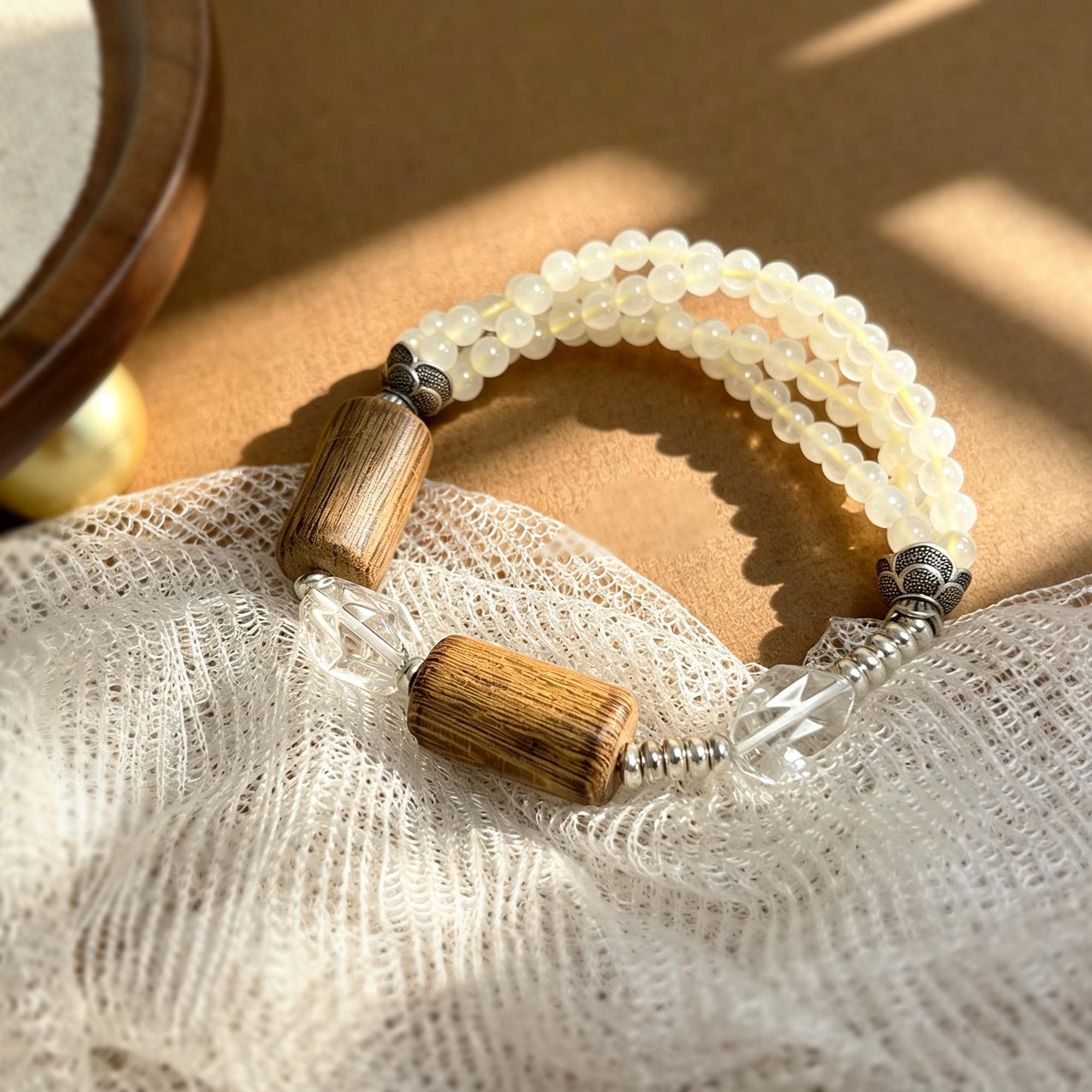 Triple Strand Earthy Wood Bracelet-Faceted Clear Geometric Beads-Zen Mindfulness Jewelry-Layered Cream Beaded Stretch Cuff Gift