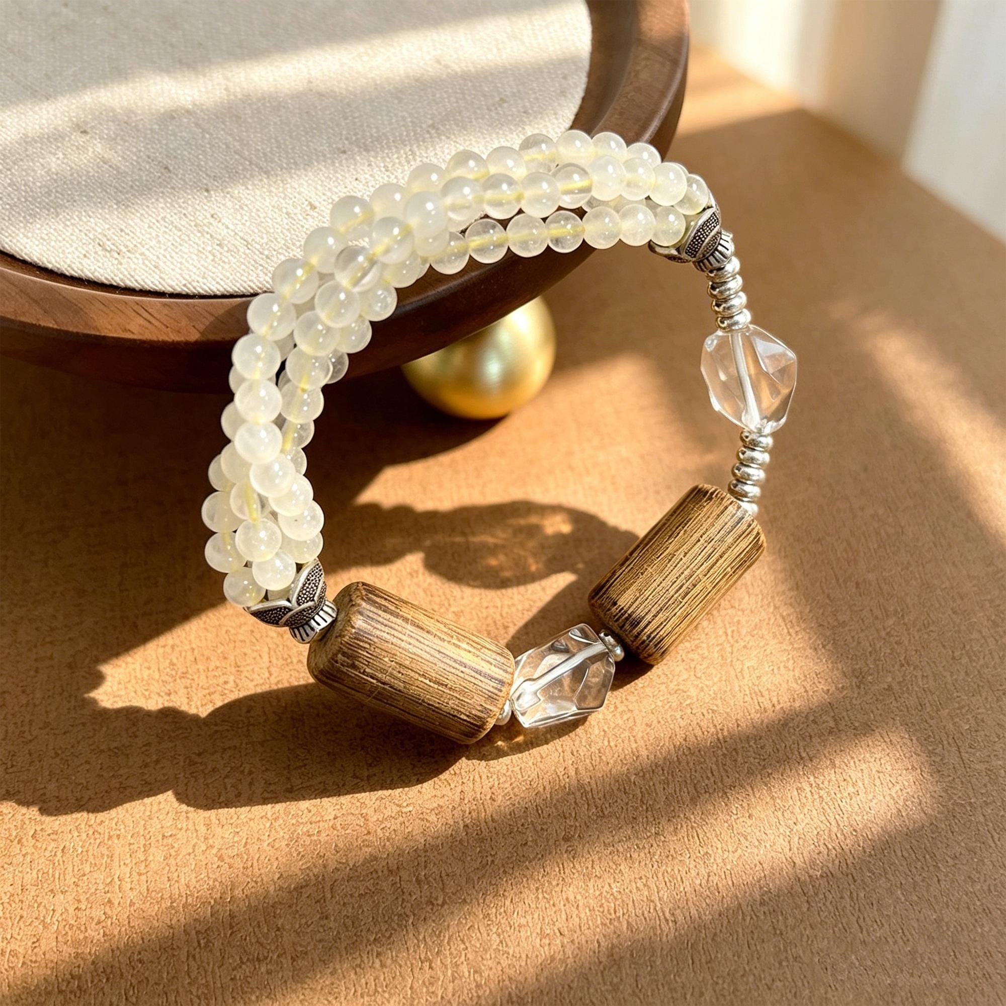 Triple Strand Earthy Wood Bracelet-Faceted Clear Geometric Beads-Zen Mindfulness Jewelry-Layered Cream Beaded Stretch Cuff Gift
