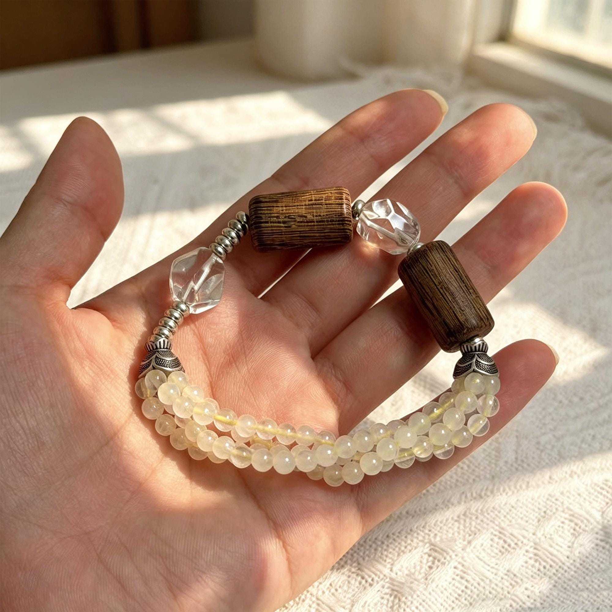 Triple Strand Earthy Wood Bracelet-Faceted Clear Geometric Beads-Zen Mindfulness Jewelry-Layered Cream Beaded Stretch Cuff Gift