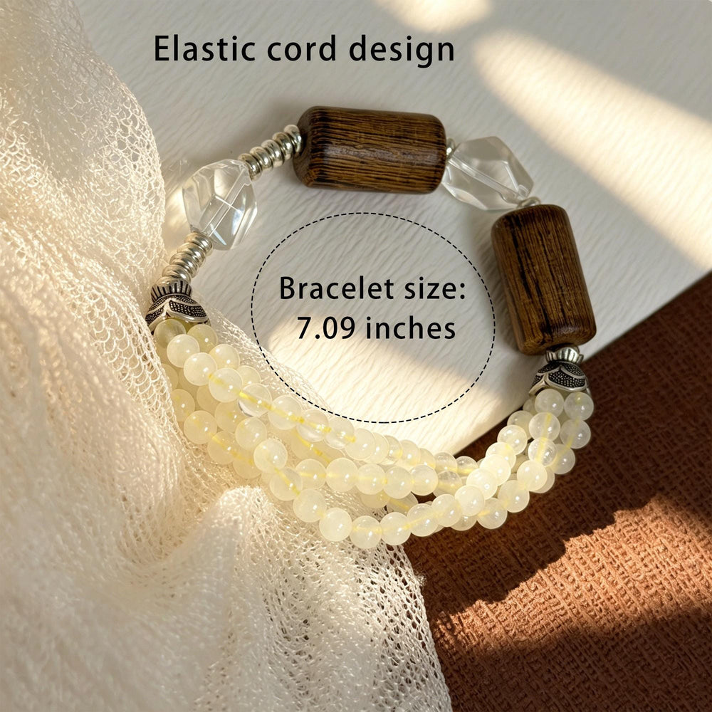 Triple Strand Earthy Wood Bracelet-Faceted Clear Geometric Beads-Zen Mindfulness Jewelry-Layered Cream Beaded Stretch Cuff Gift
