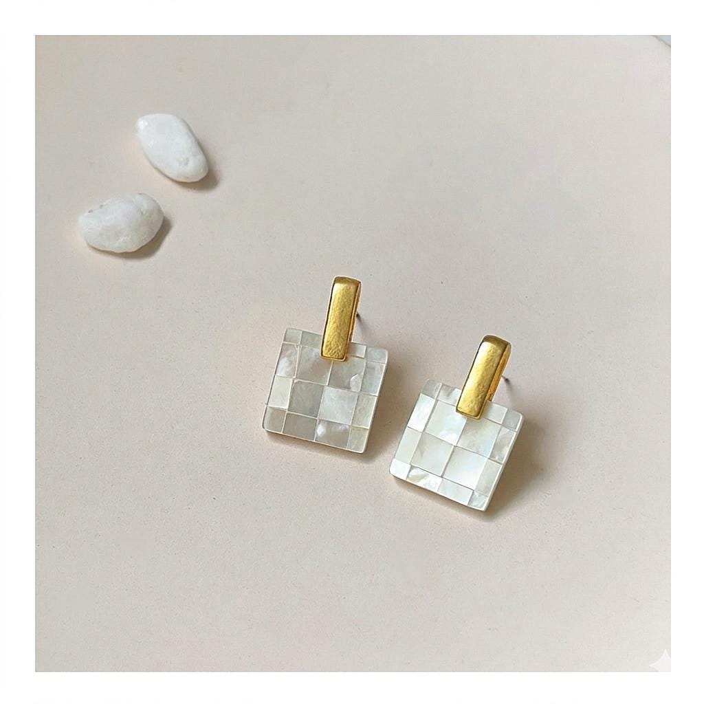 Handmade Mother of Pearl Checkerboard Earrings-Iridescent Geometric Jewelry