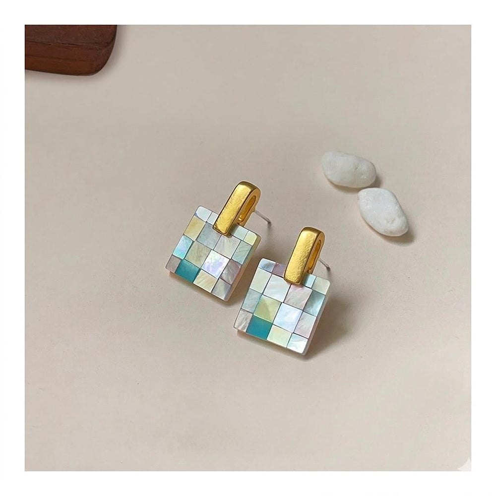 Handmade Mother of Pearl Checkerboard Earrings-Iridescent Geometric Jewelry