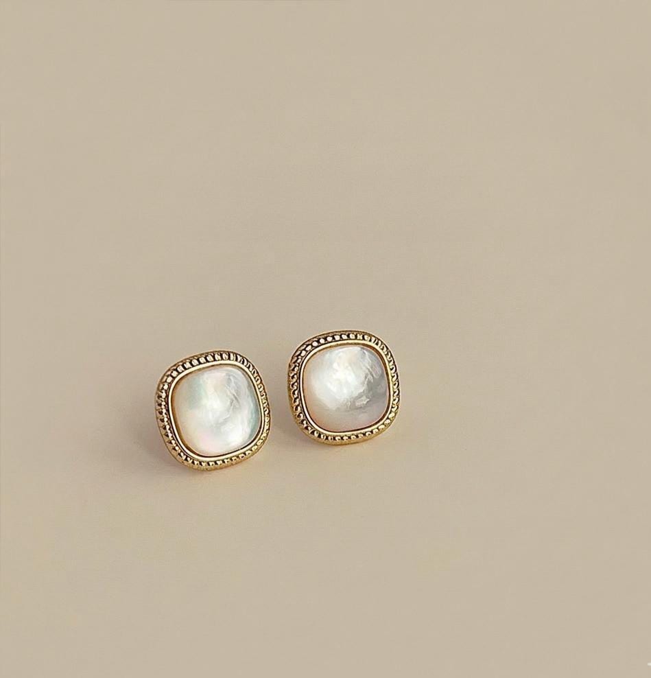 Mother of Pearl Stud Earrings-Geometric Shell Design with Gold Trim-Minimalist Everyday Jewelry