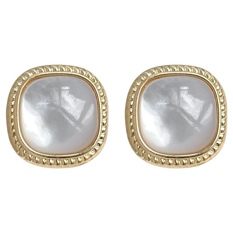 Mother of Pearl Stud Earrings-Geometric Shell Design with Gold Trim-Minimalist Everyday Jewelry