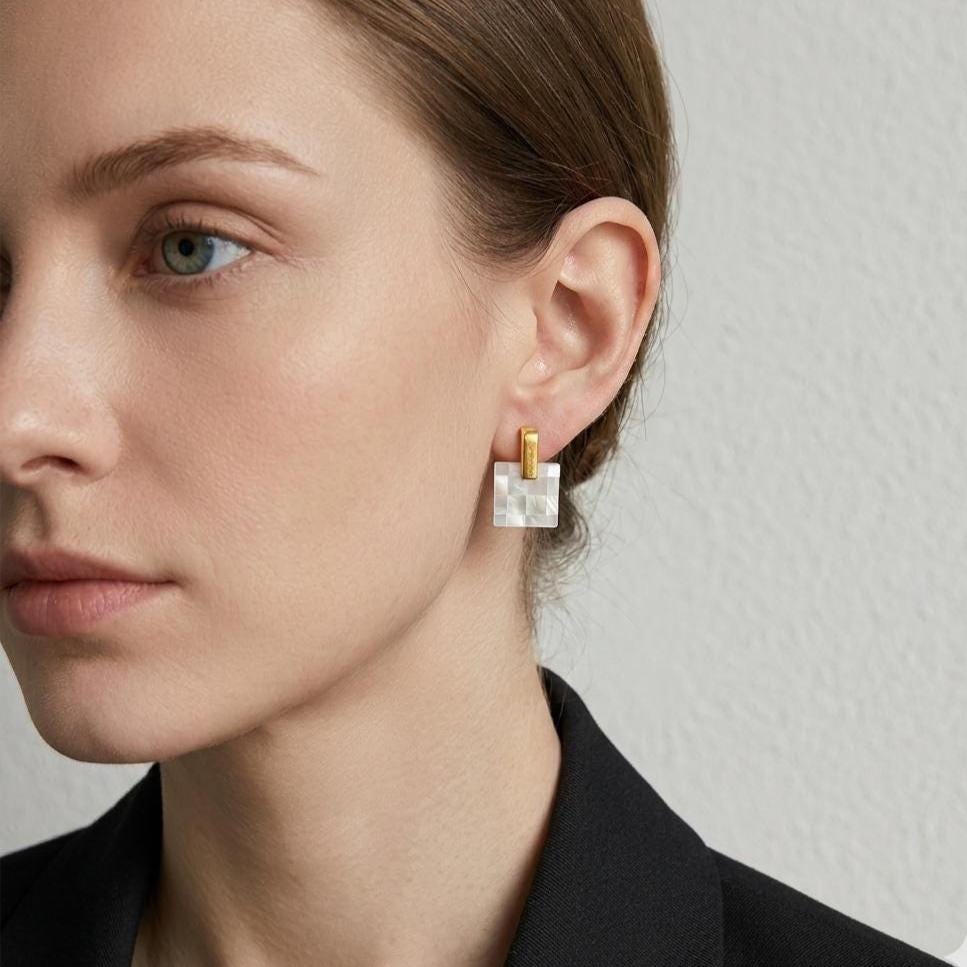 Handmade Mother of Pearl Checkerboard Earrings-Iridescent Geometric Jewelry