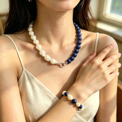 Natural Lapis Lazuli Baroque Pearl Necklace Bracelet Set- Genuine Blue Gemstone Choker-Mothers Day Gifts