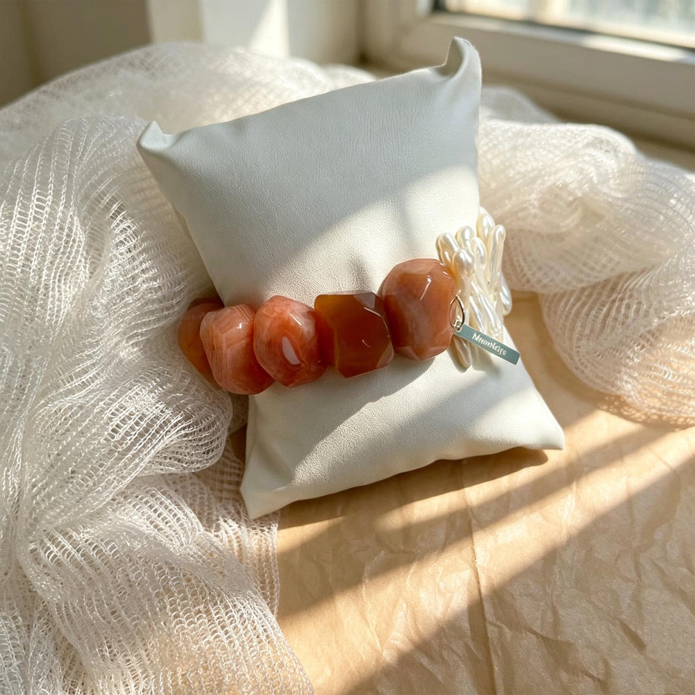 Natural Carnelian Pearl Beaded Bracelet-Asymmetric Biwa Pearl Jewelry- Unique &Vibrant Gift