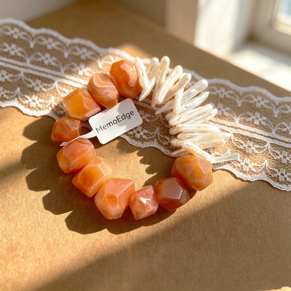Natural Carnelian Pearl Beaded Bracelet-Asymmetric Biwa Pearl Jewelry- Unique &Vibrant Gift