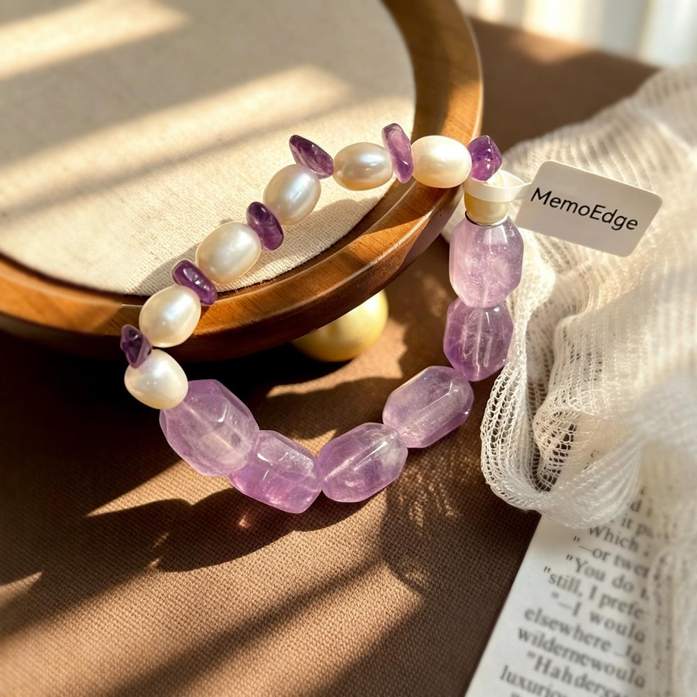 Purple Crystal Pearl Bracelet, Amethyst Tone Beaded Bracelet, Freshwater Pearl Natural Stone Jewelry, Elegant Gift for Her