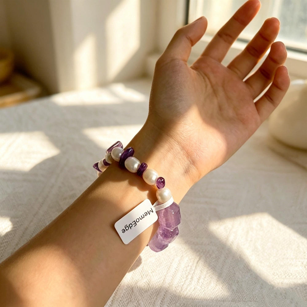 Purple Crystal Pearl Bracelet, Amethyst Tone Beaded Bracelet, Freshwater Pearl Natural Stone Jewelry, Elegant Gift for Her