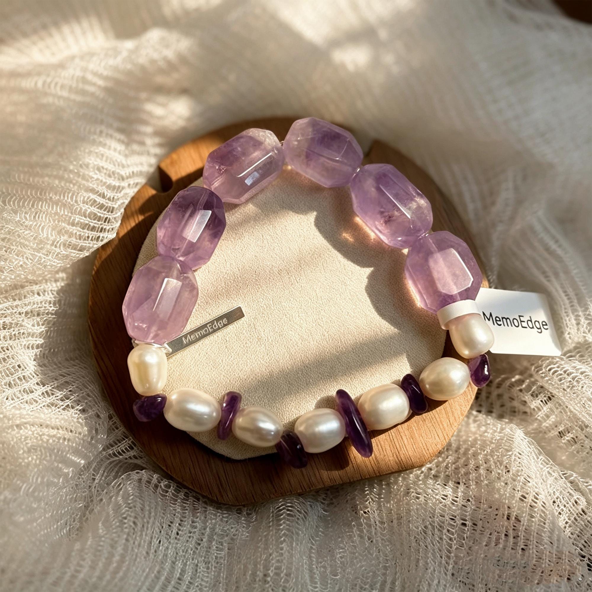 Purple Crystal Pearl Bracelet, Amethyst Tone Beaded Bracelet, Freshwater Pearl Natural Stone Jewelry, Elegant Gift for Her