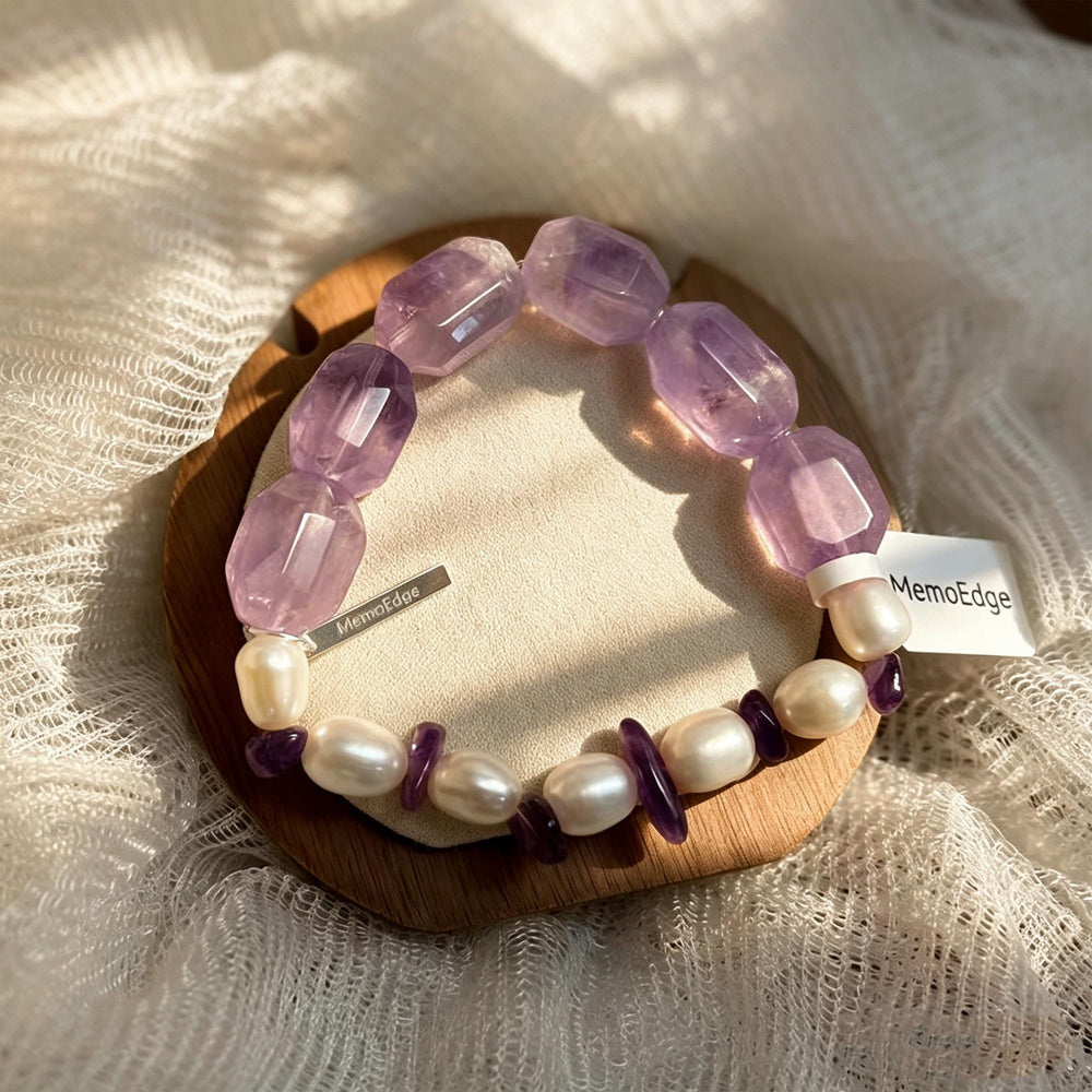 Purple Crystal Pearl Bracelet, Amethyst Tone Beaded Bracelet, Freshwater Pearl Natural Stone Jewelry, Elegant Gift for Her