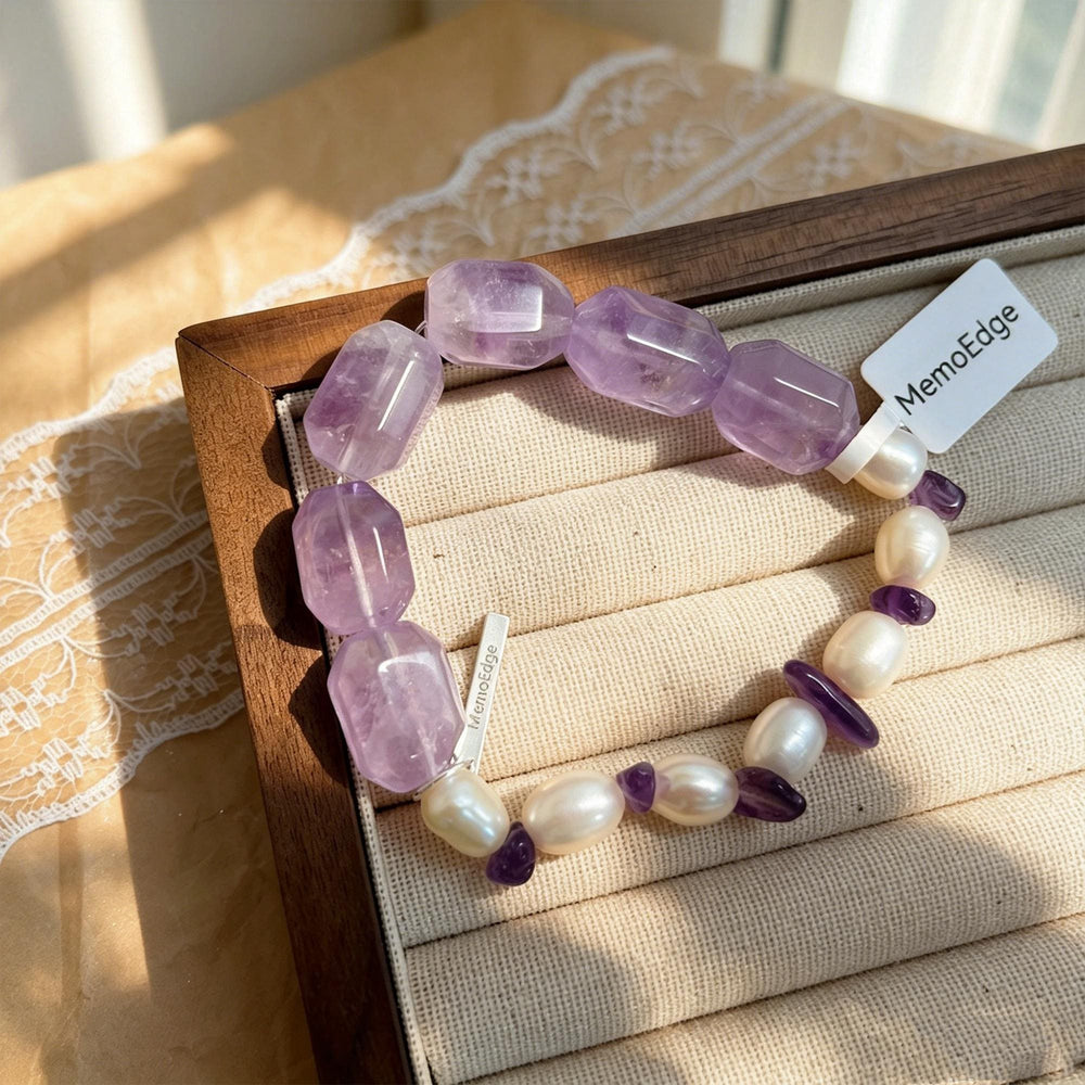 Purple Crystal Pearl Bracelet, Amethyst Tone Beaded Bracelet, Freshwater Pearl Natural Stone Jewelry, Elegant Gift for Her