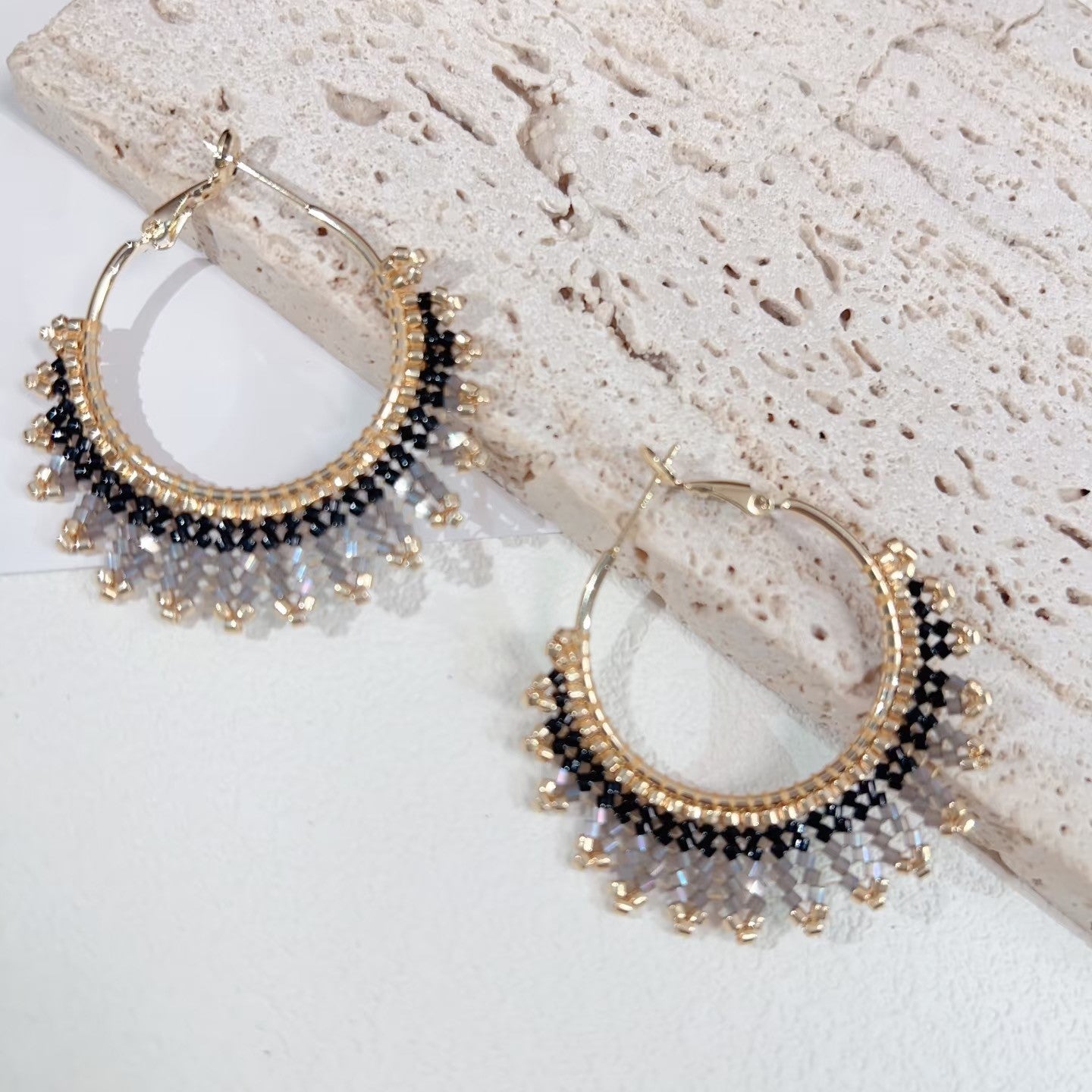 Handmade Beaded Hoop Earrings – Gold & Crystal Fringe Huggie Earrings