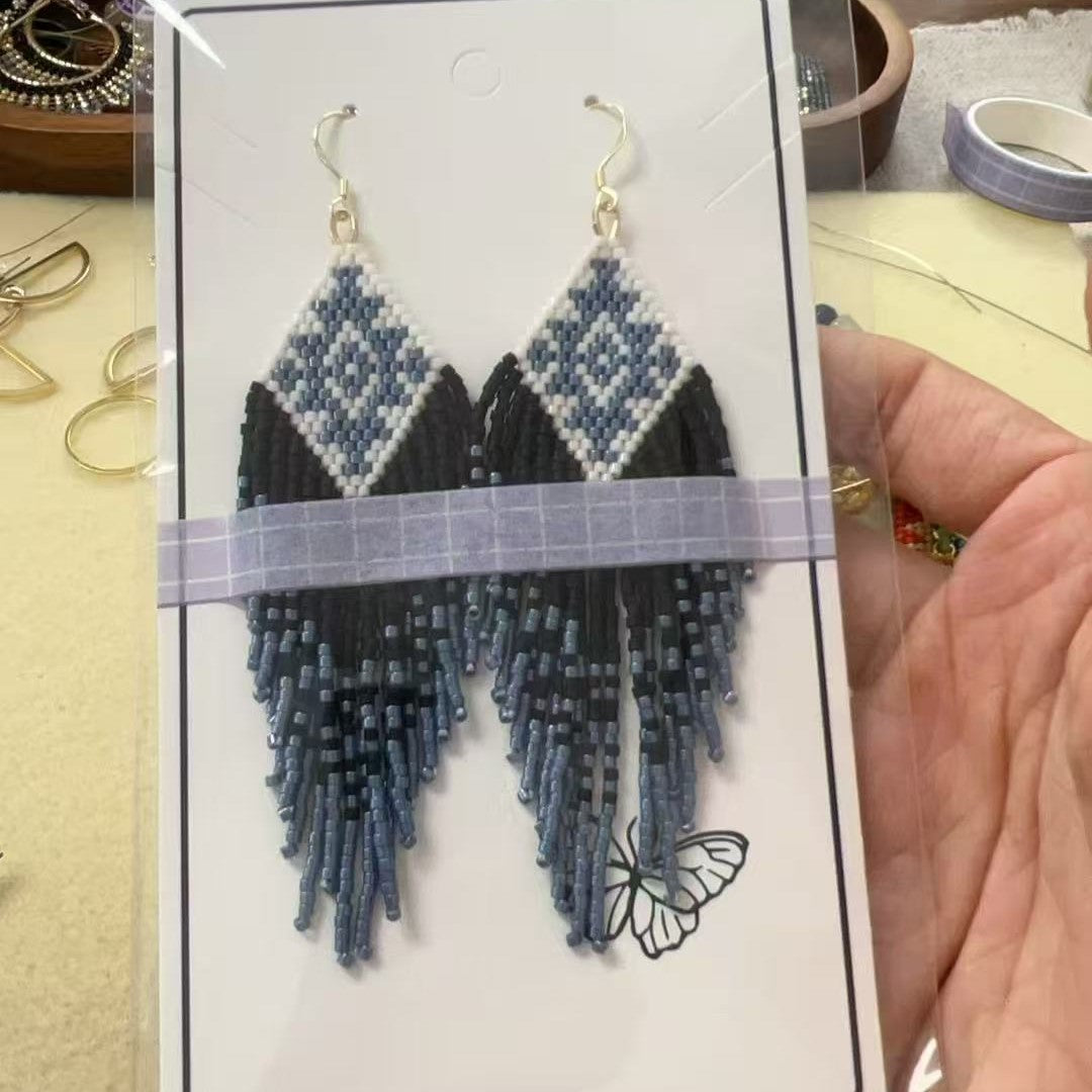 Handmade Beaded Fringe Earrings – Blue Geometric Boho Tassel Earrings