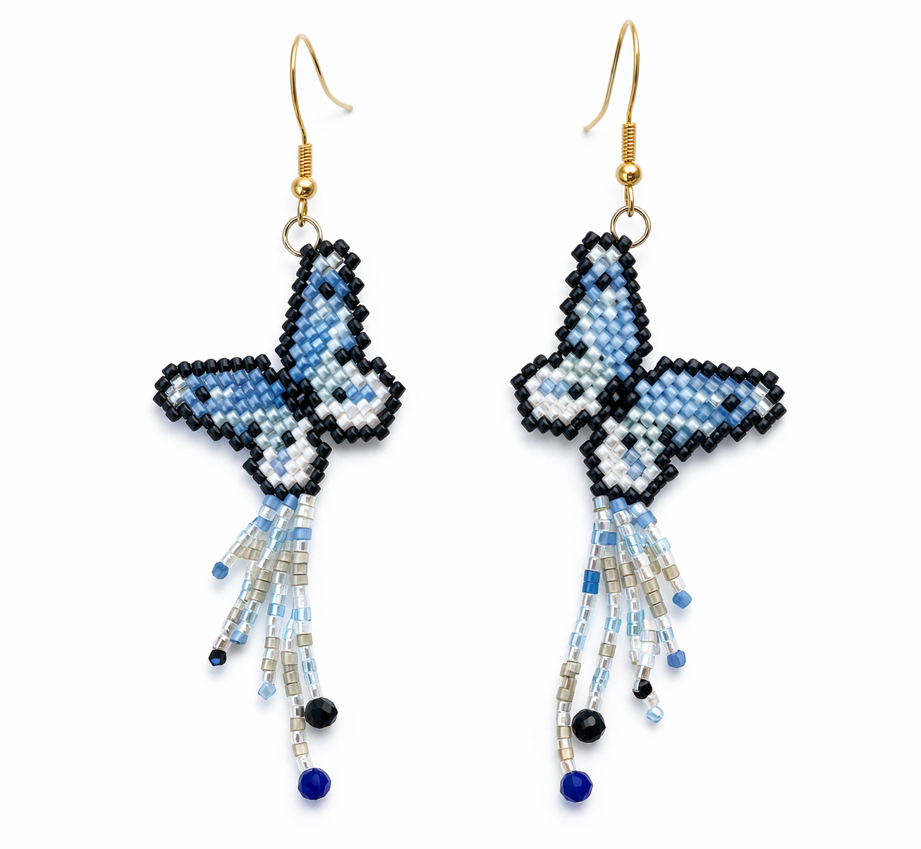 Handmade Glass Bead Butterfly Earrings – Blue Beaded Fringe Dangle Earrings